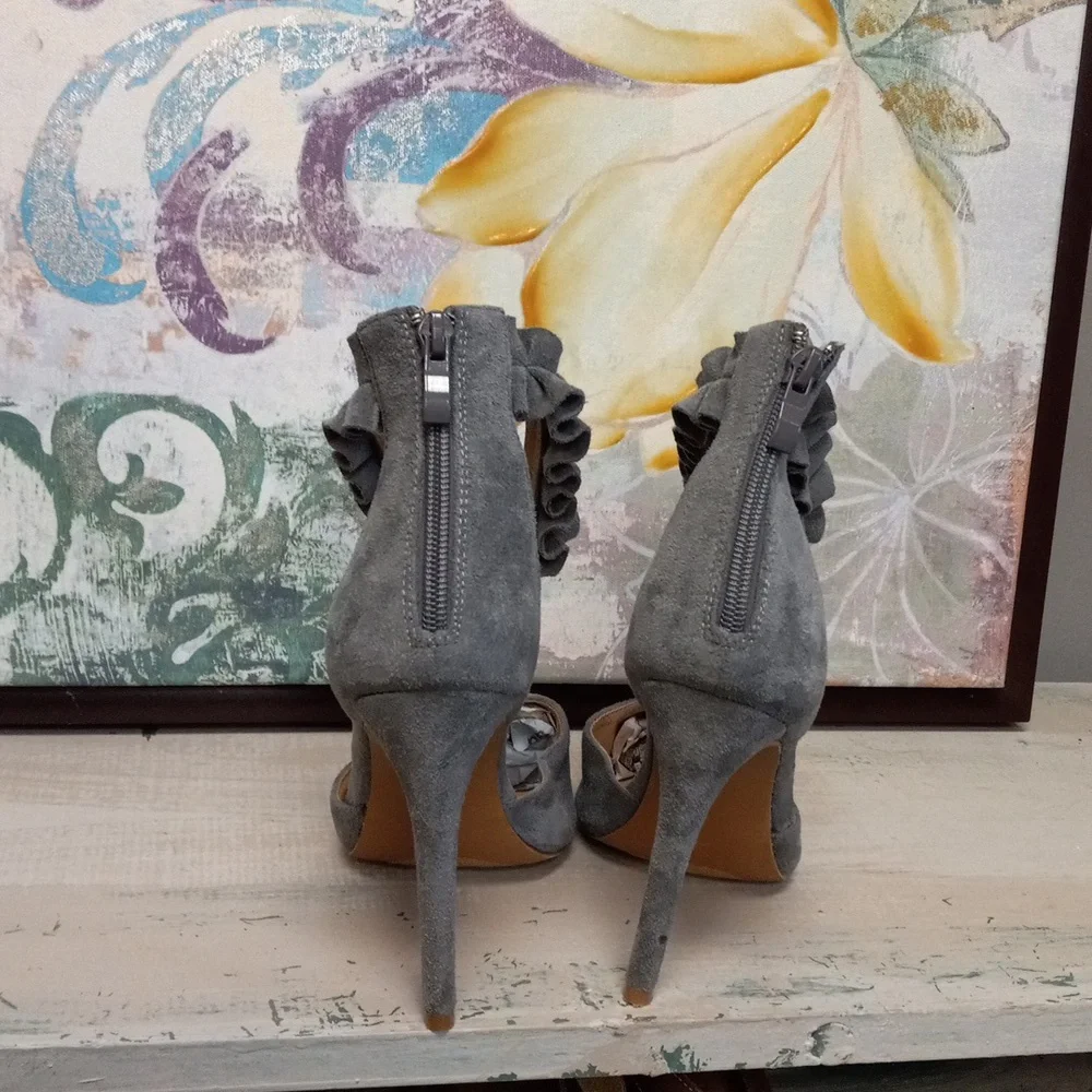 Charlotte Russe Gray, Pointed Toe, Ruffle Strap, Zip Back Heels - Picture 3 of 15